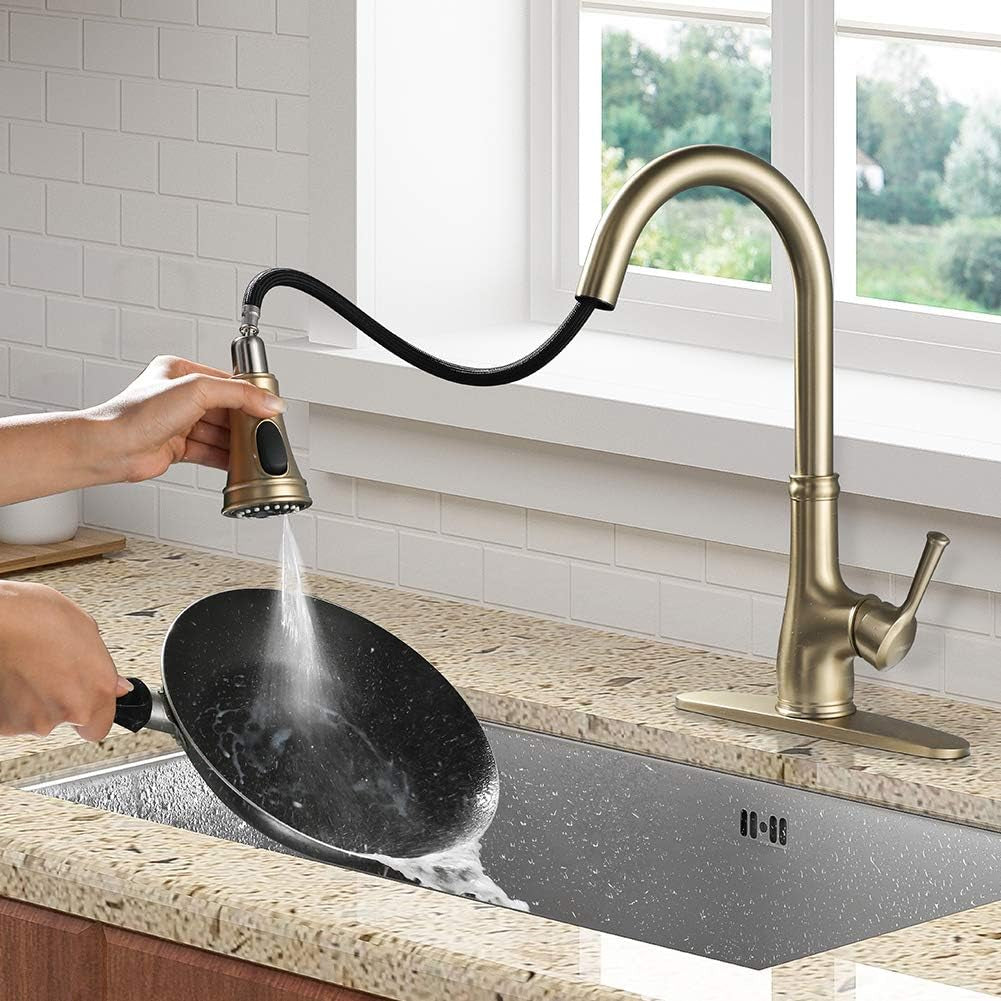 Kitchen Sink Faucet with Pull Out Sprayer, Single Handle 1 Hole Pull down Kitchen Faucet, Champagne Bronze,