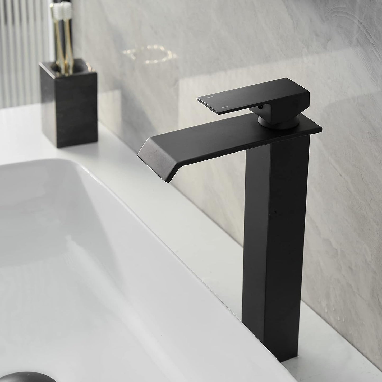 Sink Faucet Black Bathroom Faucet Waterfall Single Hole with Pop up Drain Assembly and Supply Hose included