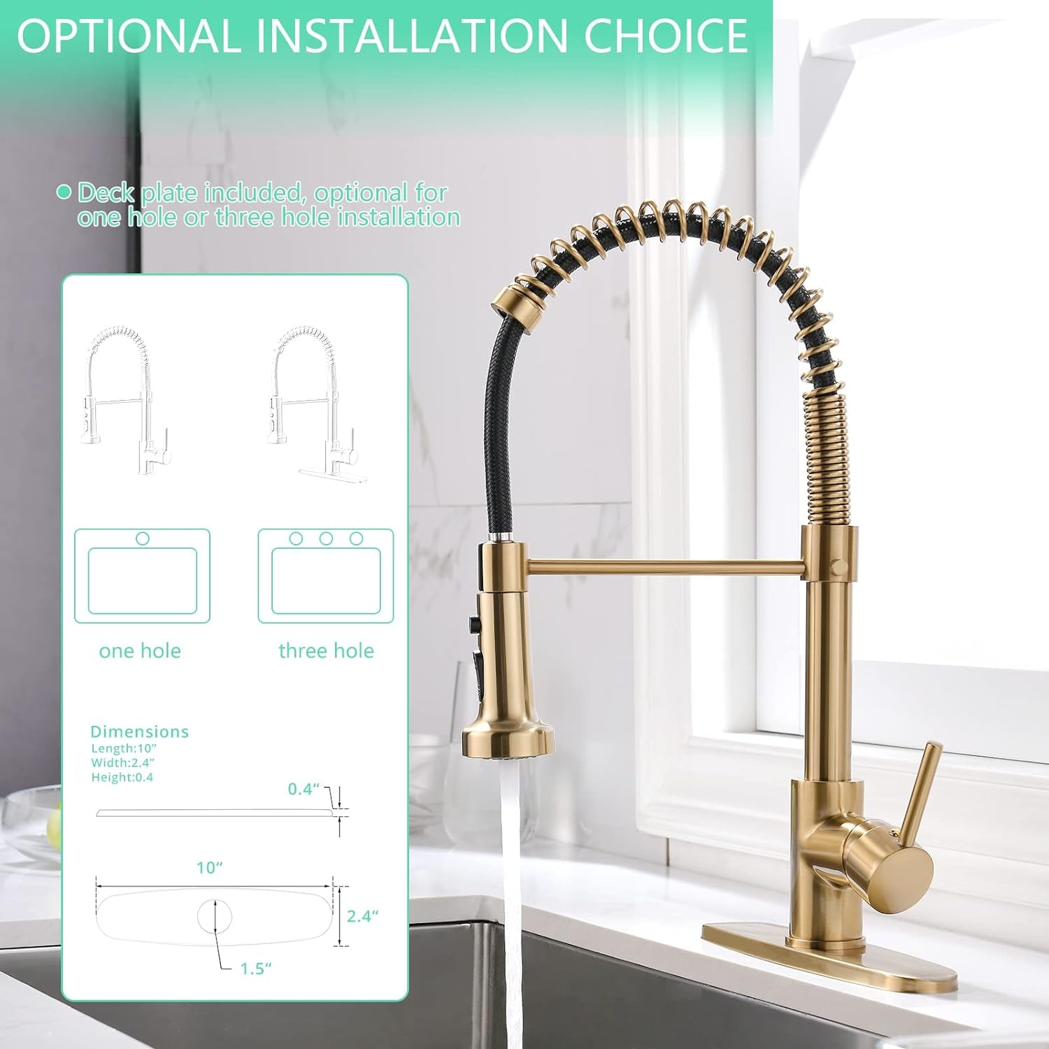 Gold Kitchen Faucet with Pull down Sprayer,Commercial Single Handle Brushed Gold Kitchen Sink Faucet with Deck Plate