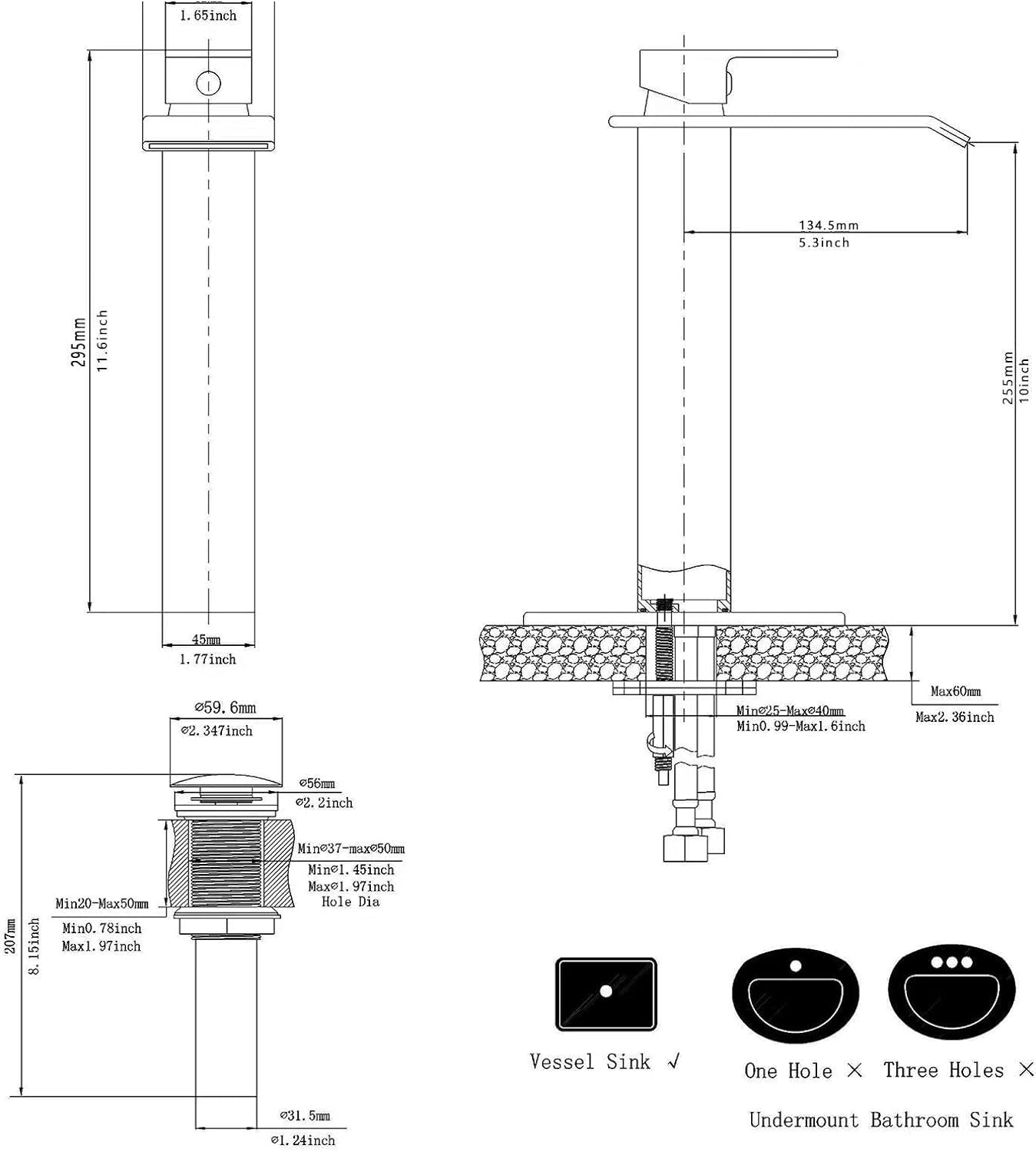 Sink Faucet Black Bathroom Faucet Waterfall Single Hole with Pop up Drain Assembly and Supply Hose included