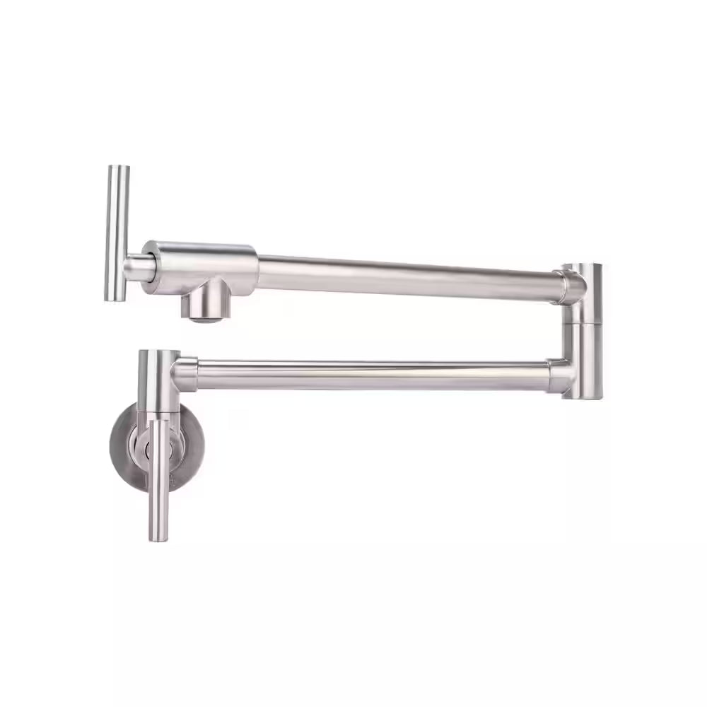 Contemporary Wall Mount Pot Filler with 2-Handle in Brushed Nickel