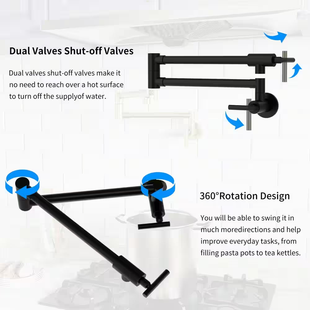 Wall Mount Pot Filler Faucet Double-Handle in Matte Black