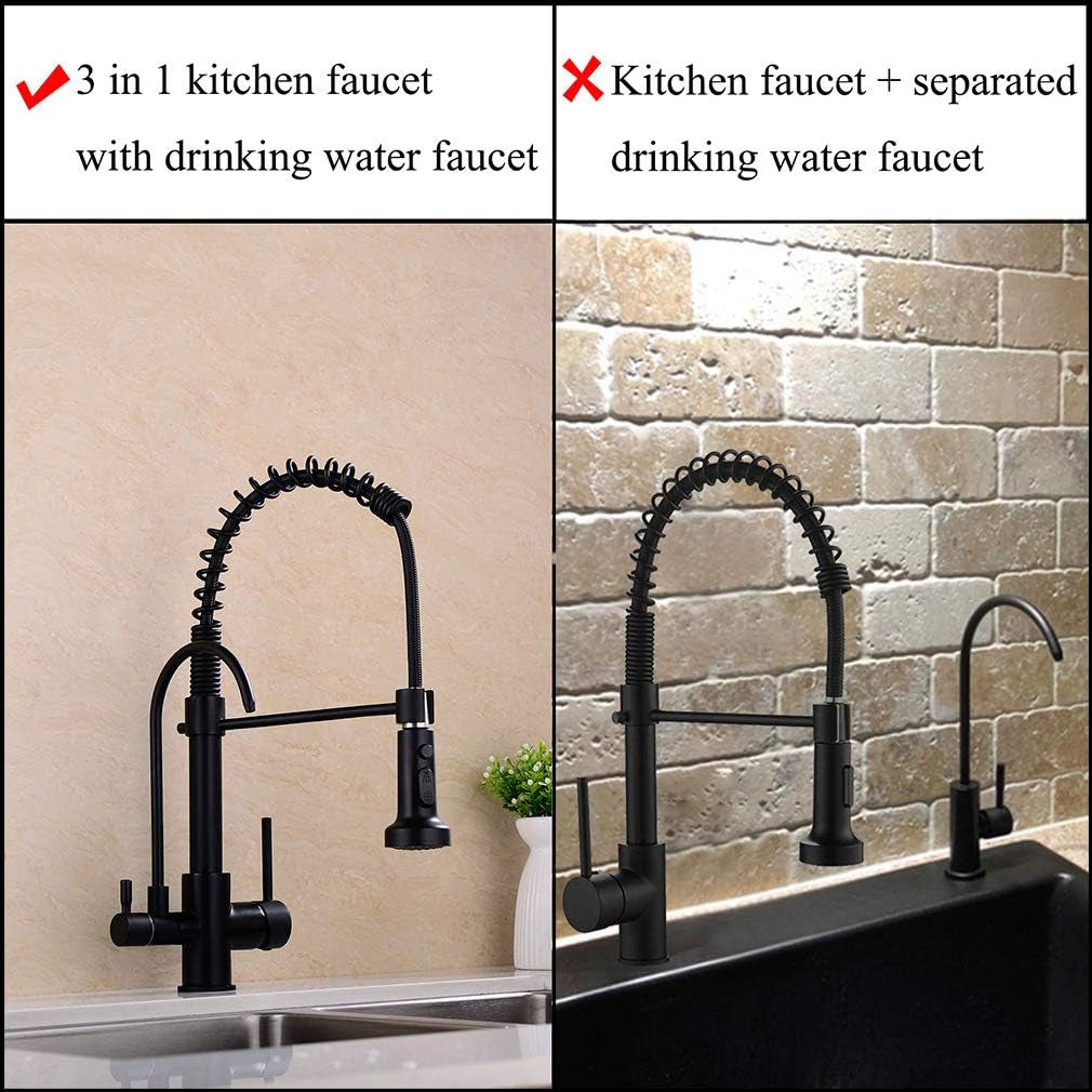 Kitchen Faucet, Commercial 3 in 1 Spring Black High Arc Single Hole Pull down Sprayer 