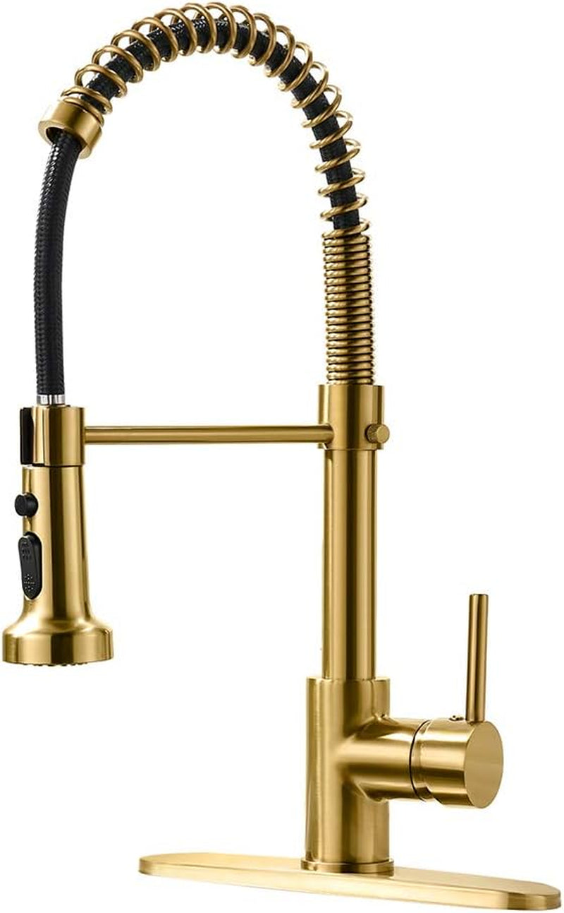 Gold Kitchen Faucet with Pull down Sprayer,Commercial Single Handle Brushed Gold Kitchen Sink Faucet with Deck Plate