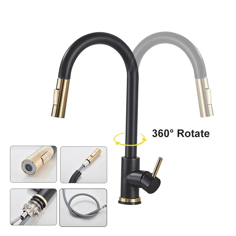 Kitchen Sink Faucet Pull Out Sprayer Nozzle Black Gold and Faucet 