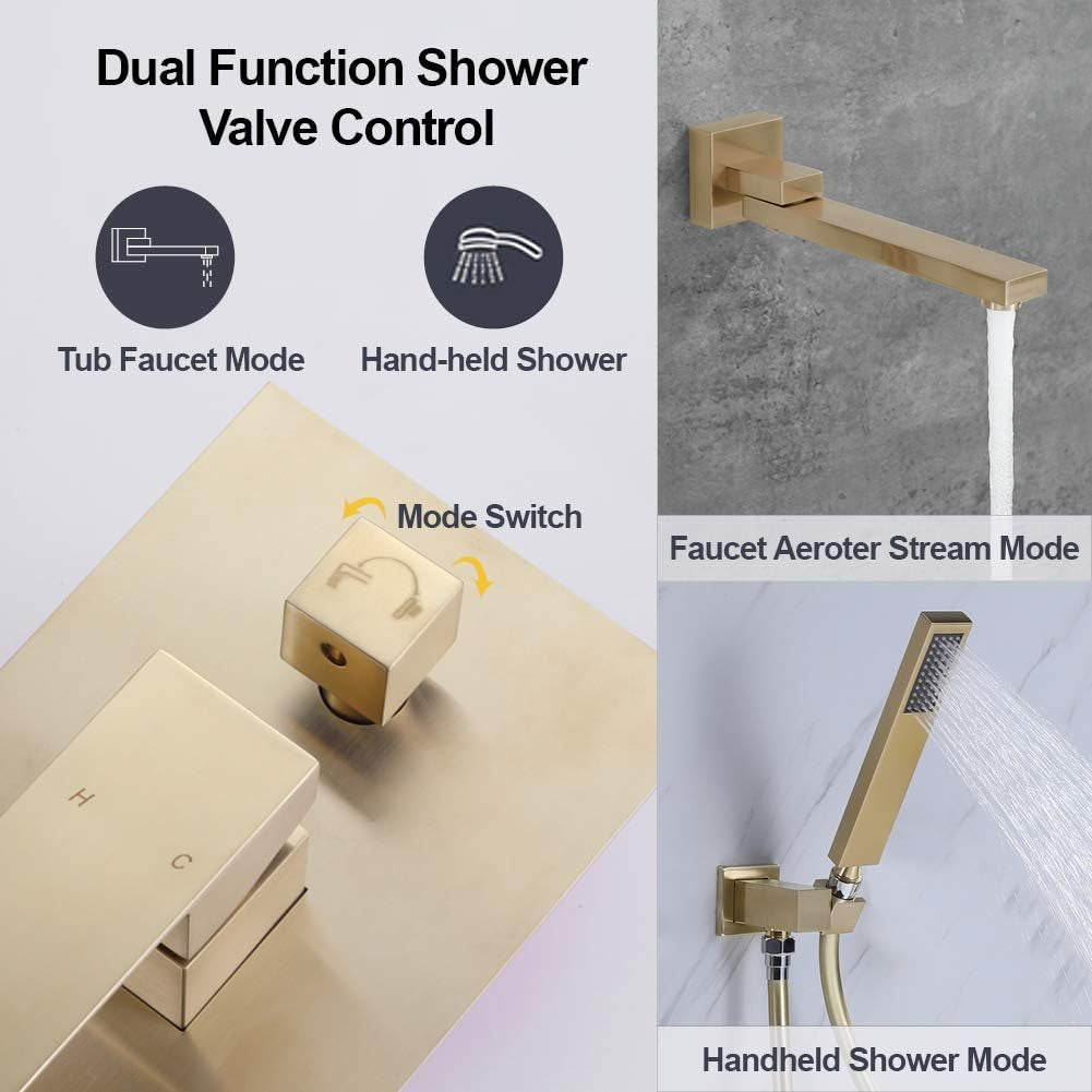 Wall Mounted Bathtub Faucet with Handheld Shower Head, Solid Brass 180° Swivel Bathroom Tub Filler Faucet with Hand Shower Head Modern Single Handle Tub Faucet Set, in Brushed Gold