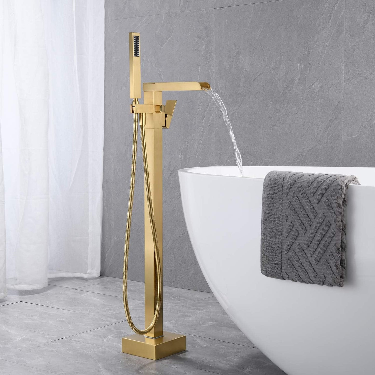 Freestanding Bathtub Faucet Brushed Gold Waterfall Tub Filler Floor Mount Brass Single Handle Bathroom Faucet with Hand Shower