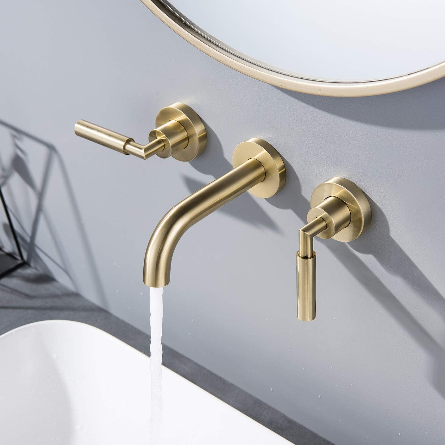 Brushed Gold Wall Mount Bathroom Faucet, Wall Mounted Sink Faucet, Dual Handle, Solid Brass, Rough-In Valve Included