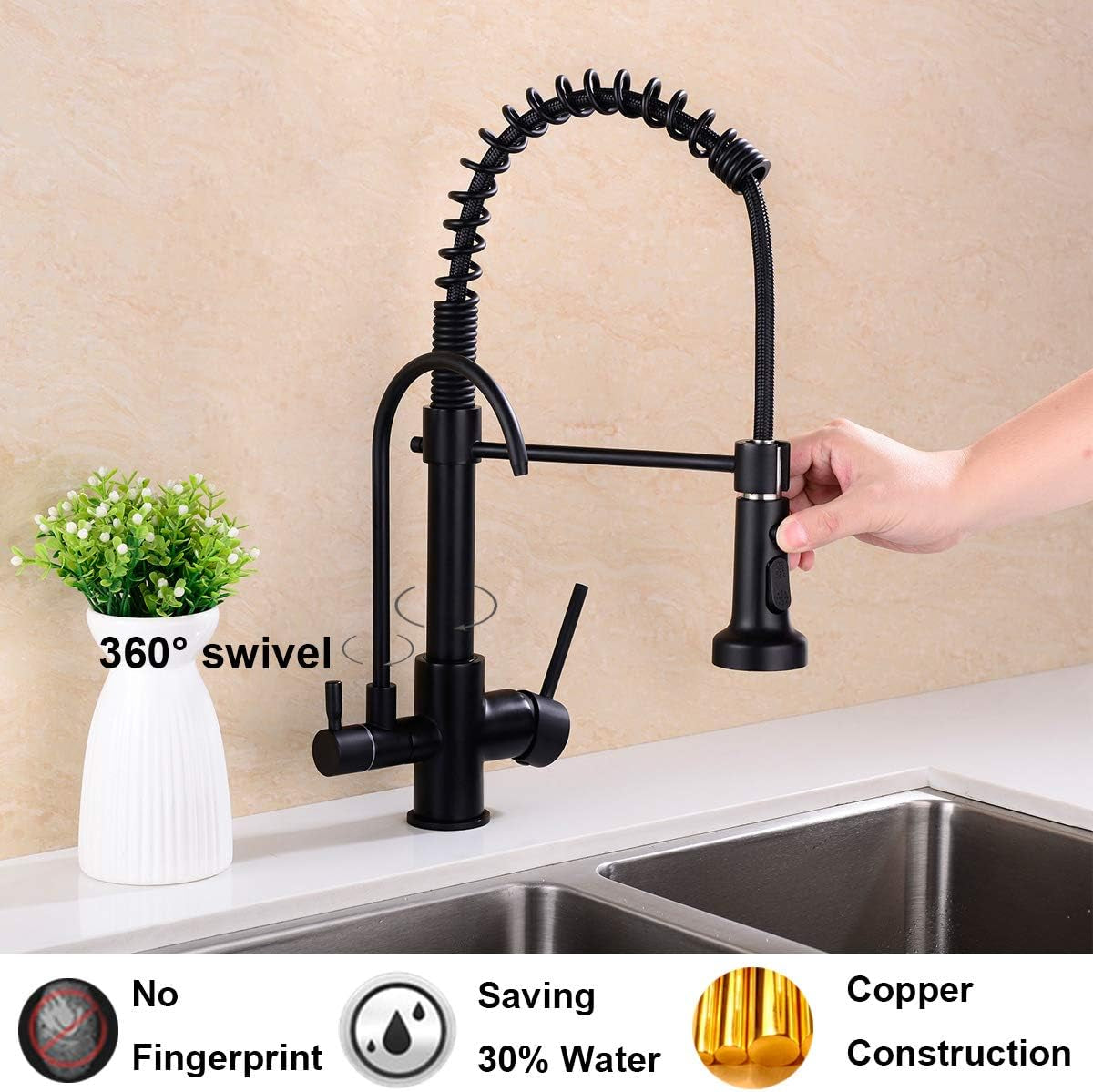 Kitchen Faucet, Commercial 3 in 1 Spring Black High Arc Single Hole Pull down Sprayer 