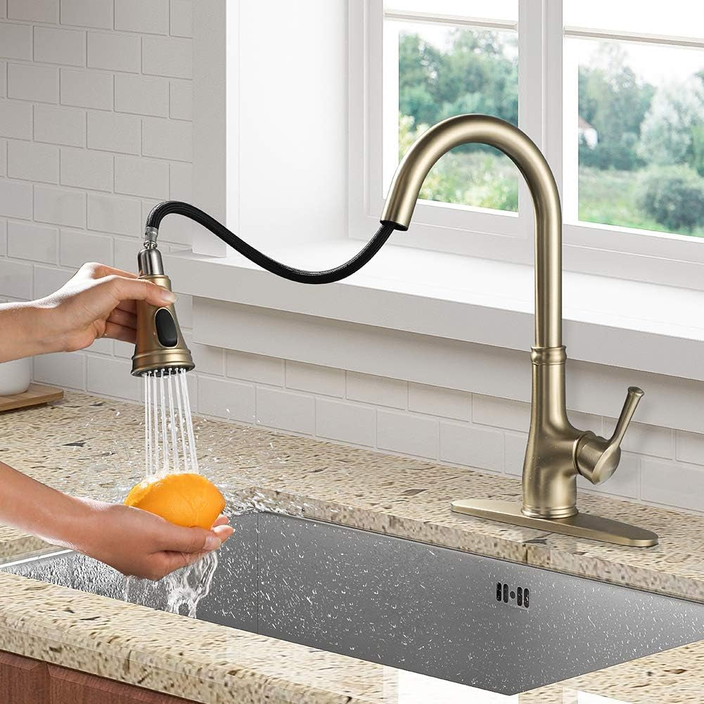 Kitchen Sink Faucet with Pull Out Sprayer, Single Handle 1 Hole Pull down Kitchen Faucet, Champagne Bronze,