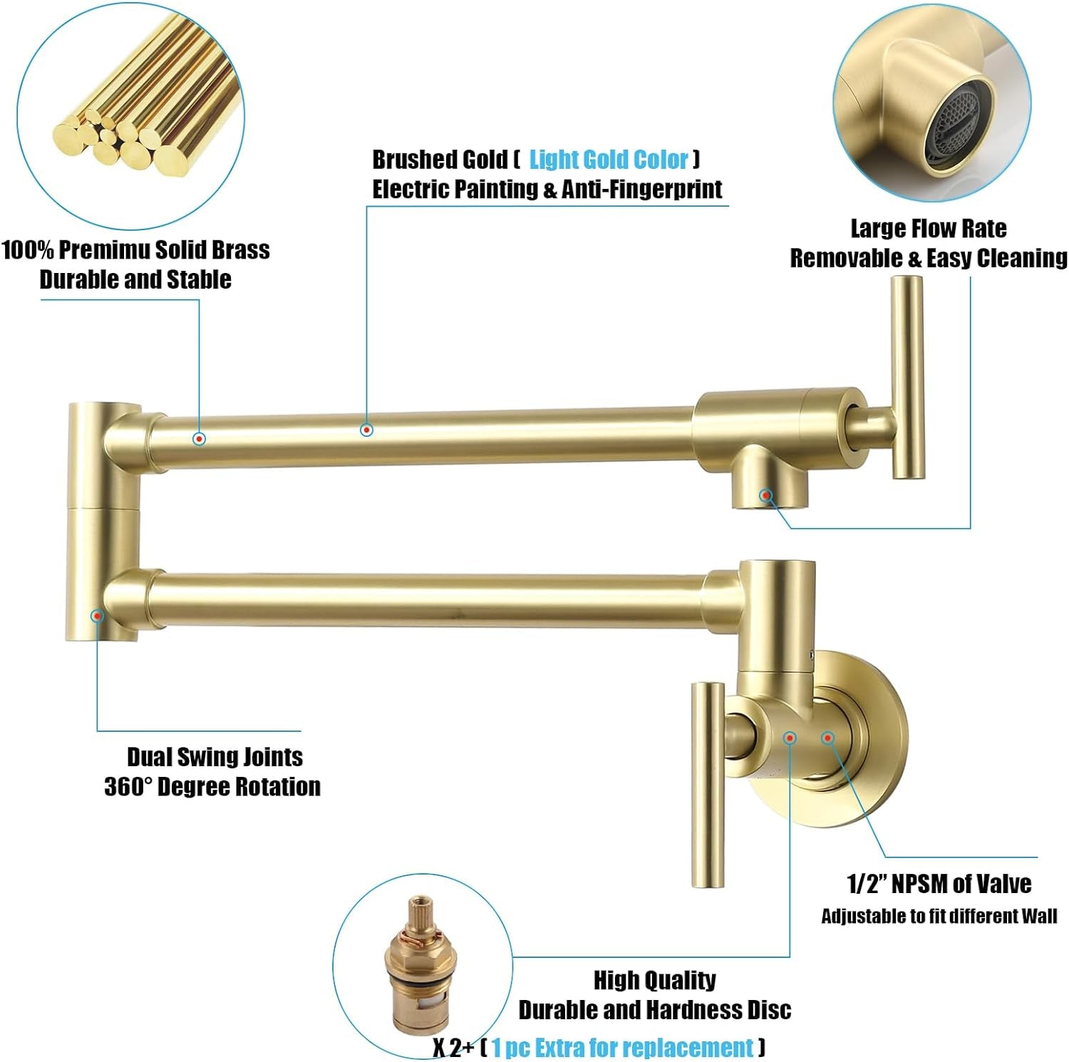 Solid Brass Pot Filler, Wall Mount Commercial Pot Filler Faucet in Brushed Gold