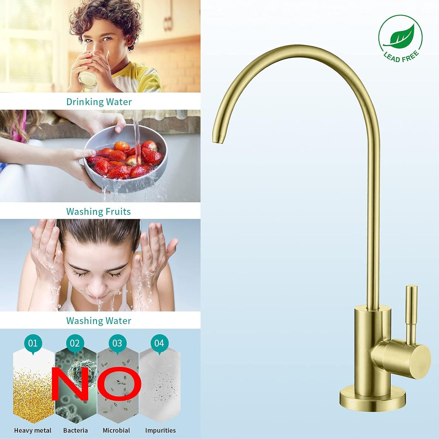 Reverse Osmosis Faucet Fits Non-Air Gap Water Filtration Systems, Modern Filtered Water Faucet Stainless Steel (Brushed Gold)