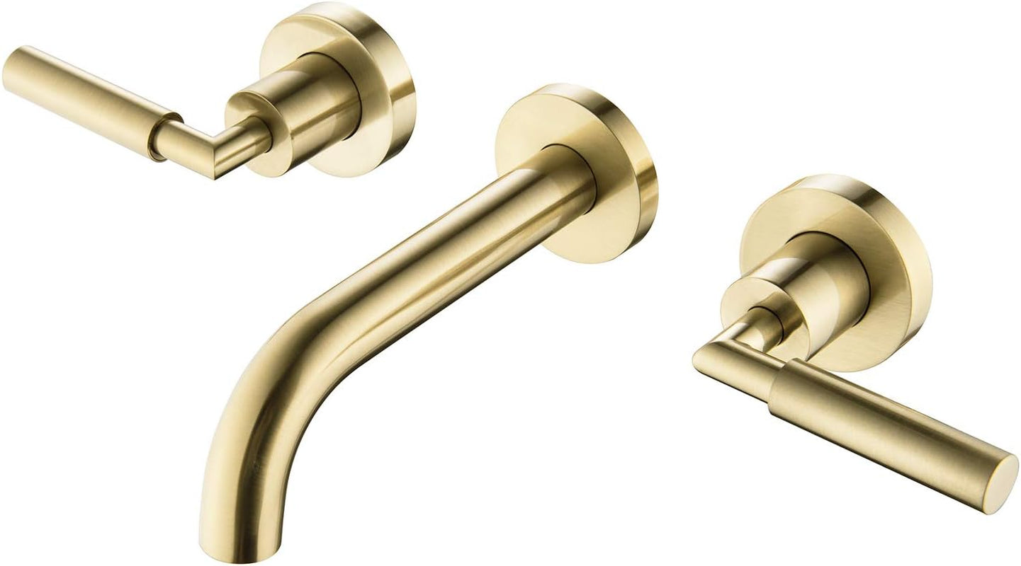 Brushed Gold Wall Mount Bathroom Faucet, Wall Mounted Sink Faucet, Dual Handle, Solid Brass, Rough-In Valve Included