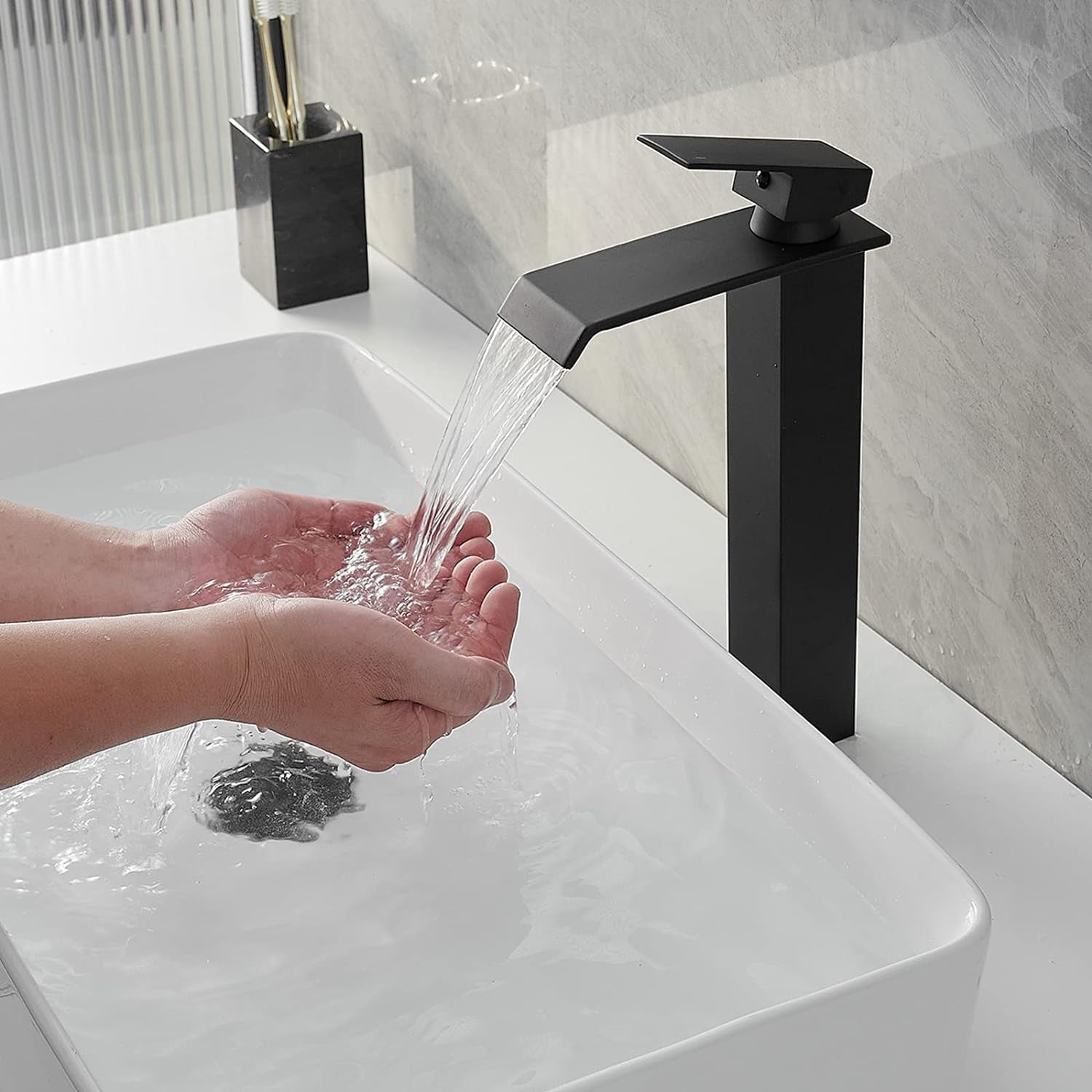 Sink Faucet Black Bathroom Faucet Waterfall Single Hole with Pop up Drain Assembly and Supply Hose included