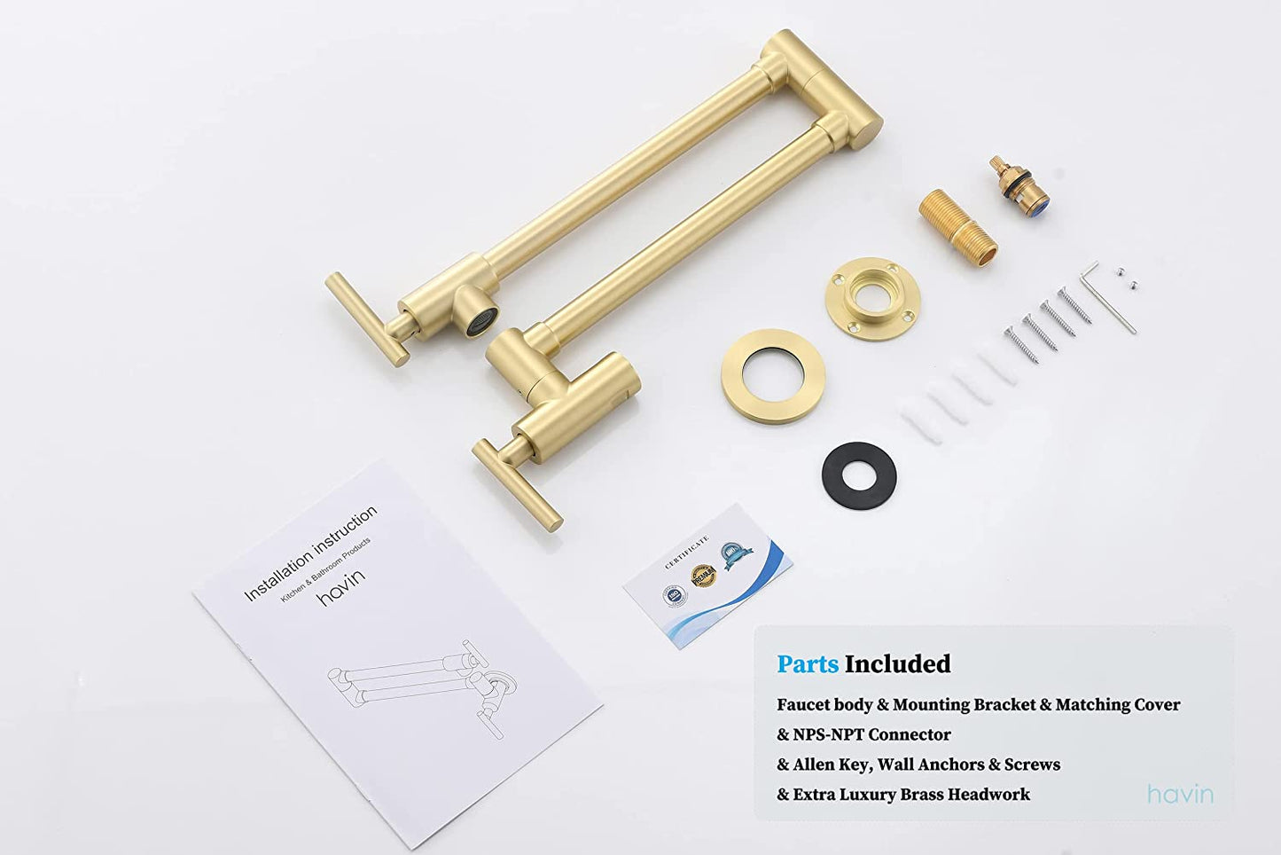 Solid Brass Pot Filler, Wall Mount Commercial Pot Filler Faucet in Brushed Gold