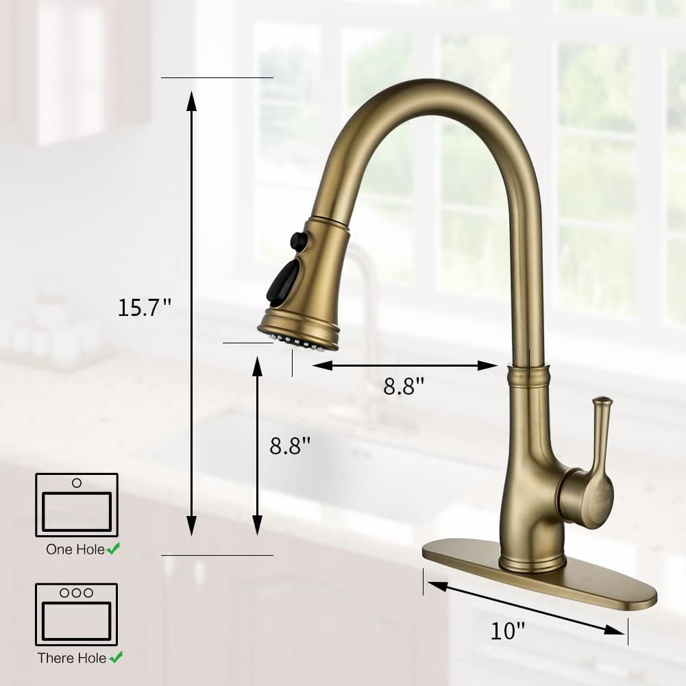 Kitchen Sink Faucet with Pull Out Sprayer, Single Handle 1 Hole Pull down Kitchen Faucet, Champagne Bronze,