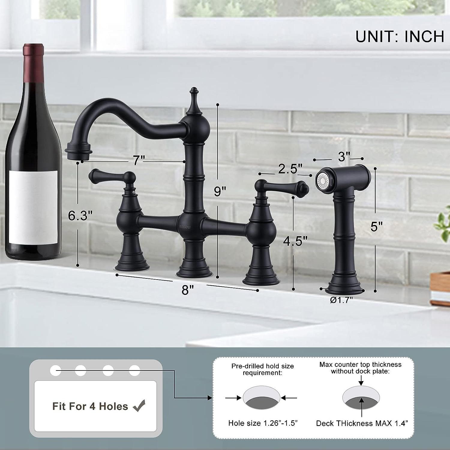 Black Kitchen Faucet with Side Sprayer, 4 Hole Brass Kitchen Faucet in Bridge style