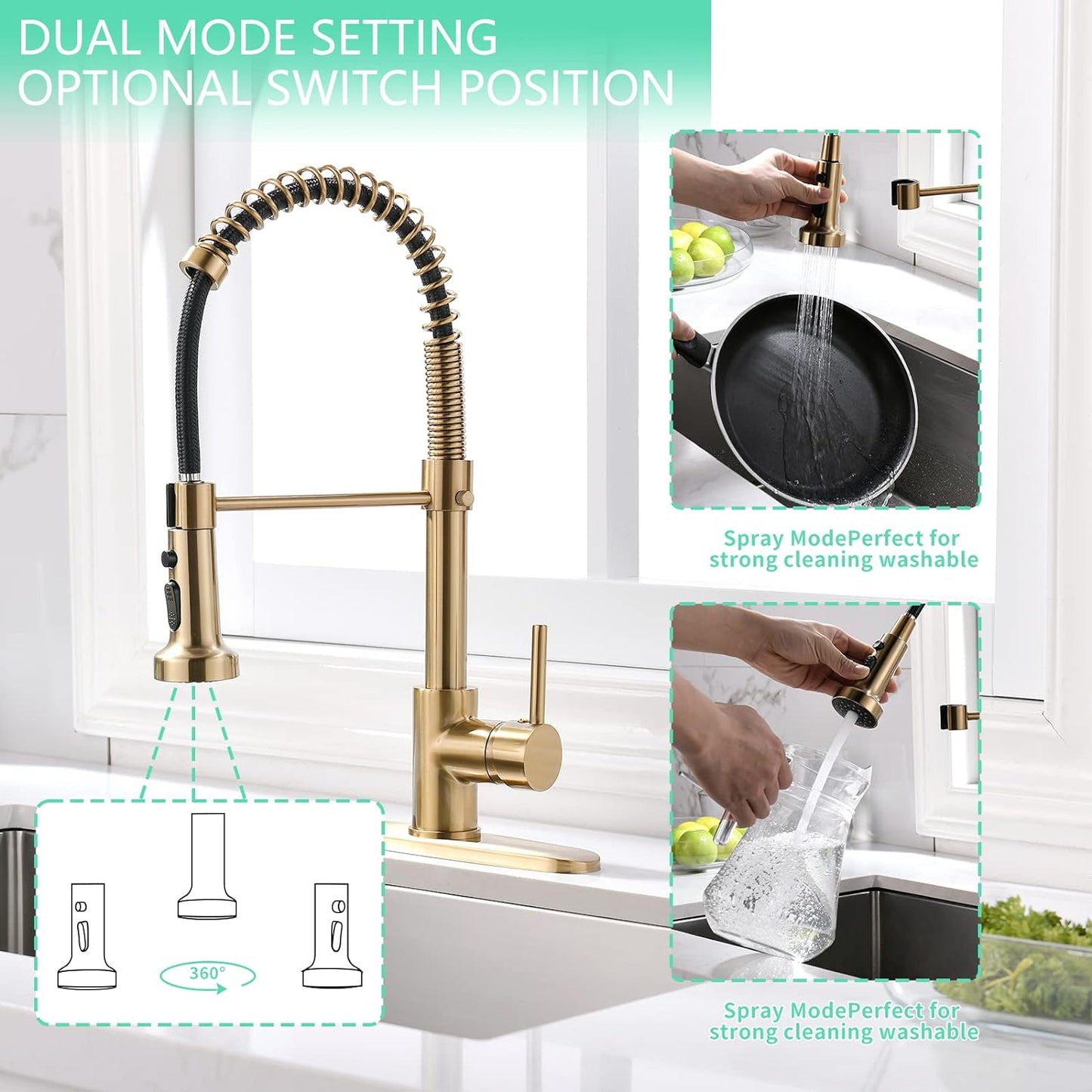 Gold Kitchen Faucet with Pull down Sprayer,Commercial Single Handle Brushed Gold Kitchen Sink Faucet with Deck Plate