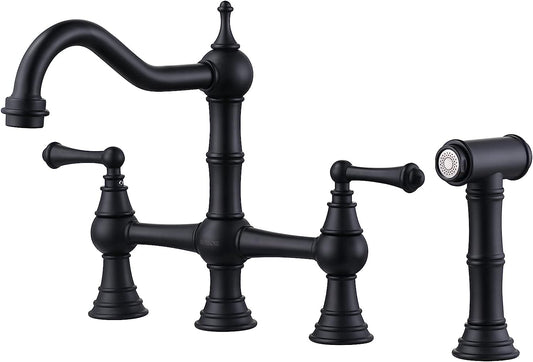 Black Kitchen Faucet with Side Sprayer, 4 Hole Brass Kitchen Faucet in Bridge style