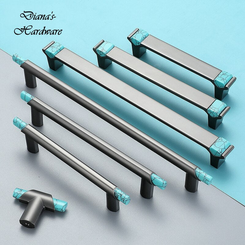 Modern Gray Alloy + Turquoise Handle Cabinet Door Handles Drawer Pulls and Knobs 