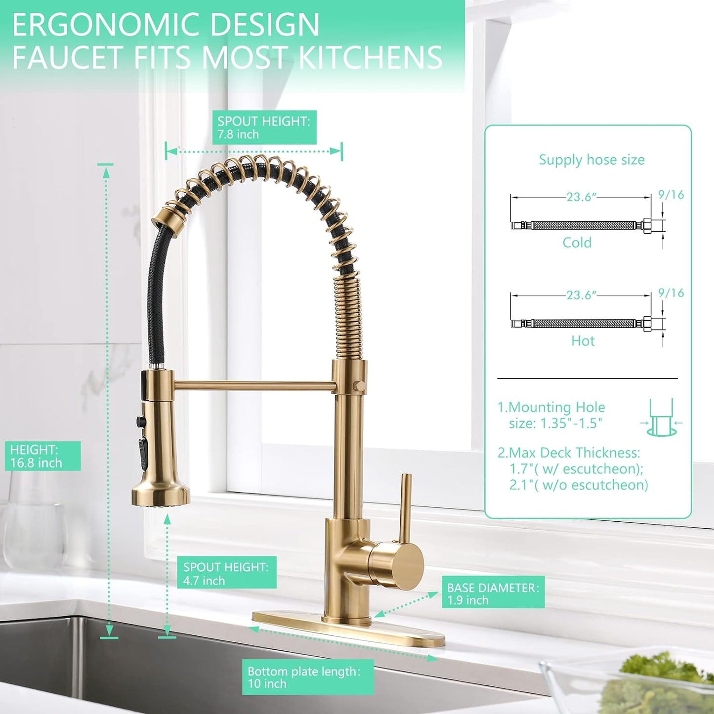 Gold Kitchen Faucet with Pull down Sprayer,Commercial Single Handle Brushed Gold Kitchen Sink Faucet with Deck Plate