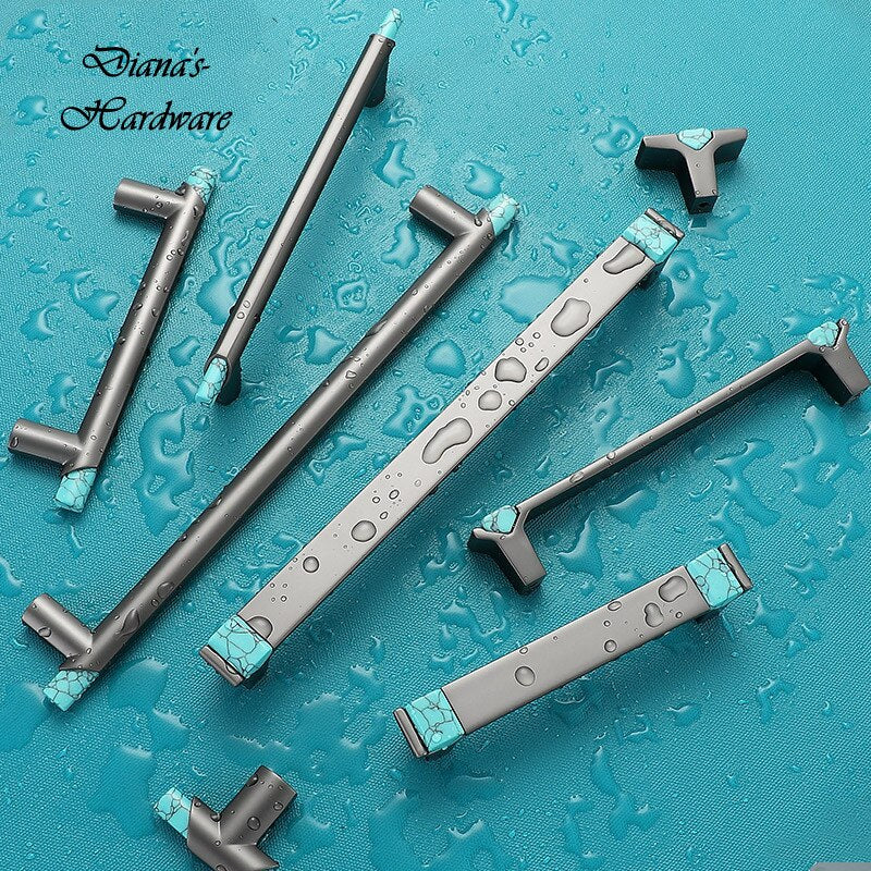 Modern Gray Alloy + Turquoise Handle Cabinet Door Handles Drawer Pulls and Knobs 