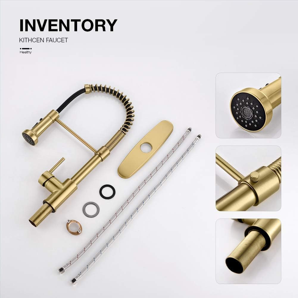 Gold Kitchen Faucet with Pull down Sprayer,Commercial Single Handle Brushed Gold Kitchen Sink Faucet with Deck Plate