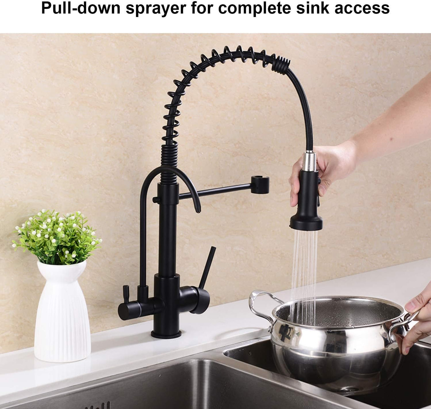 Kitchen Faucet, Commercial 3 in 1 Spring Black High Arc Single Hole Pull down Sprayer 