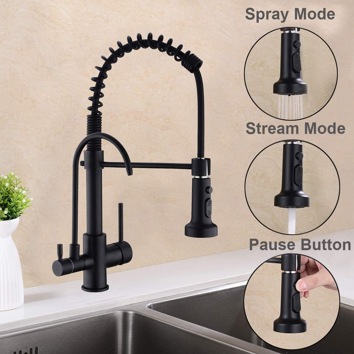 Kitchen Faucet, Commercial 3 in 1 Spring Black High Arc Single Hole Pull down Sprayer 