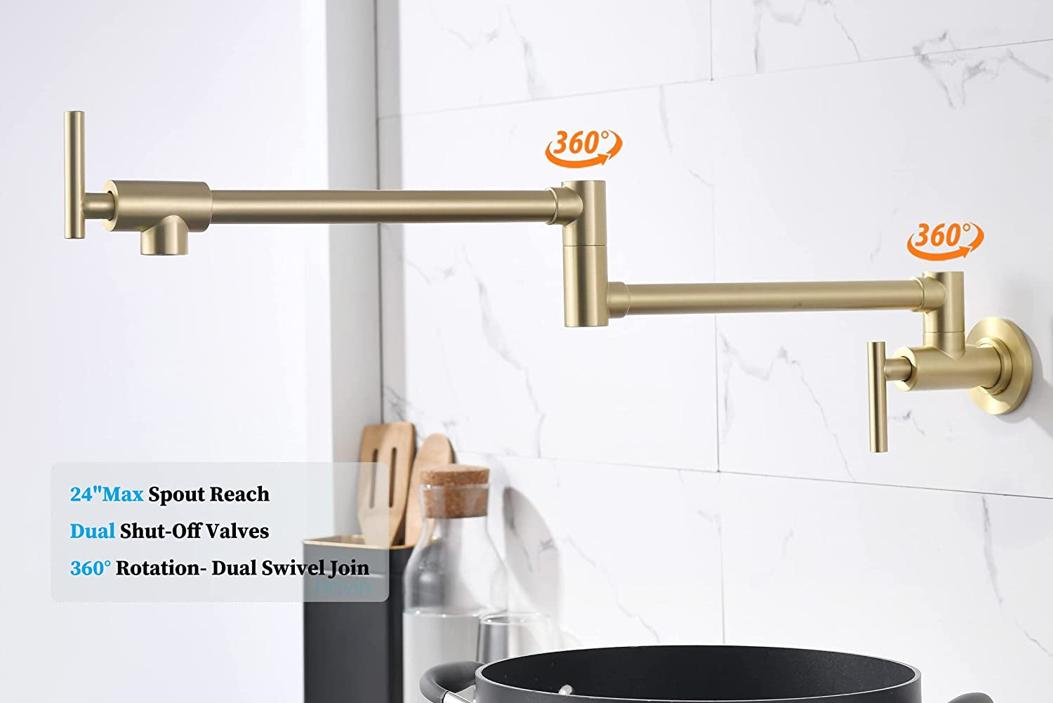 Solid Brass Pot Filler, Wall Mount Commercial Pot Filler Faucet in Brushed Gold