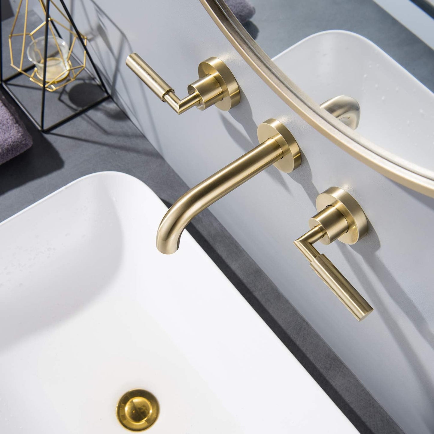 Brushed Gold Wall Mount Bathroom Faucet, Wall Mounted Sink Faucet, Dual Handle, Solid Brass, Rough-In Valve Included