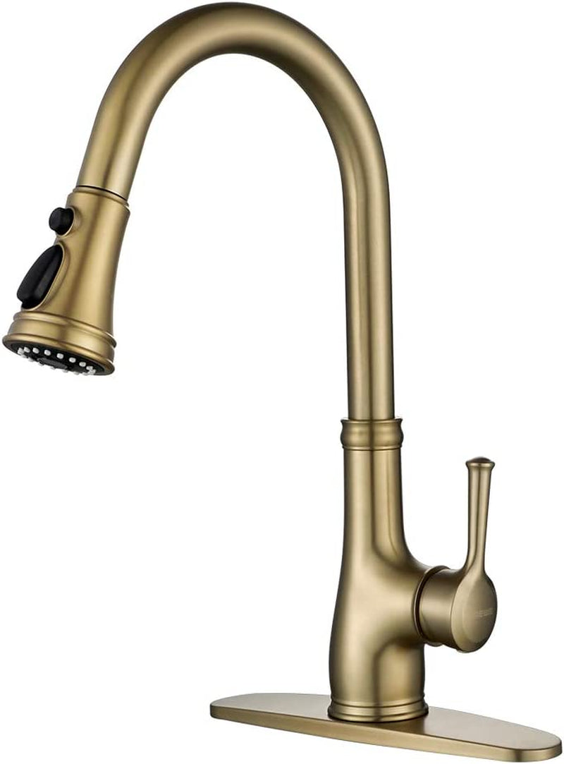 Kitchen Sink Faucet with Pull Out Sprayer, Single Handle 1 Hole Pull down Kitchen Faucet, Champagne Bronze,