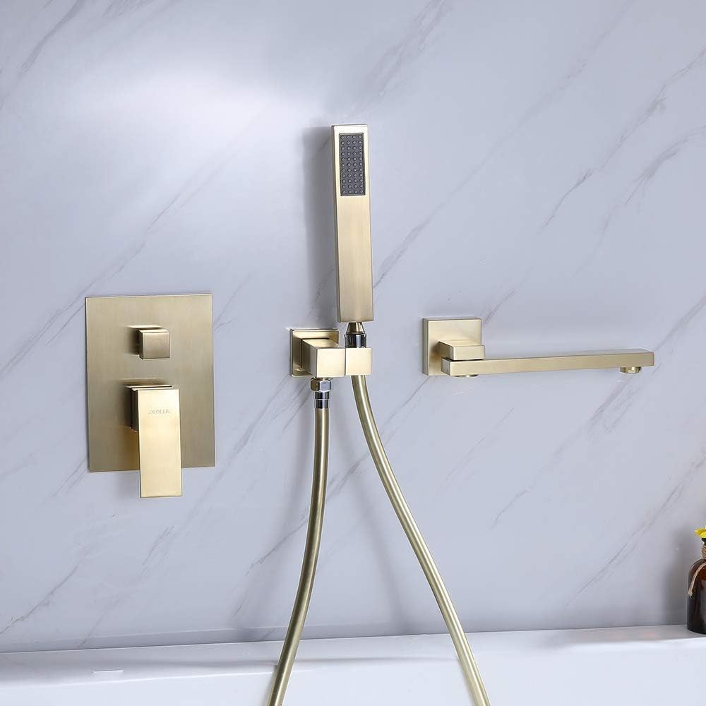 Wall Mounted Bathtub Faucet with Handheld Shower Head, Solid Brass 180° Swivel Bathroom Tub Filler Faucet with Hand Shower Head Modern Single Handle Tub Faucet Set, in Brushed Gold