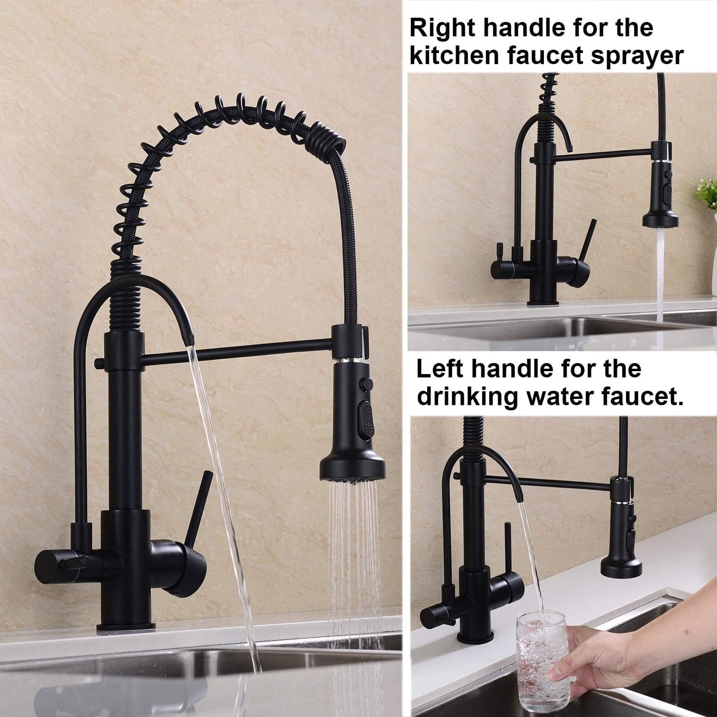 Kitchen Faucet, Commercial 3 in 1 Spring Black High Arc Single Hole Pull down Sprayer 