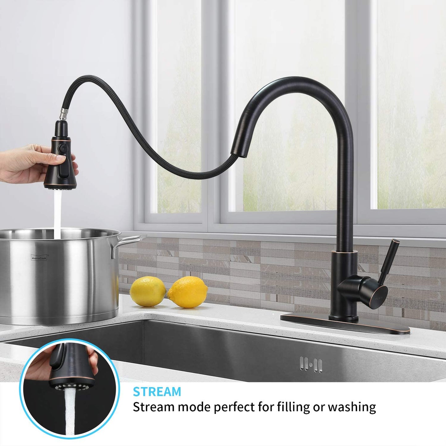 Pull down Kitchen Faucet with Sprayer High Arc W/ Three Working Modes Fit for 1 & 3 Hole, Oil Rubbed Bronze