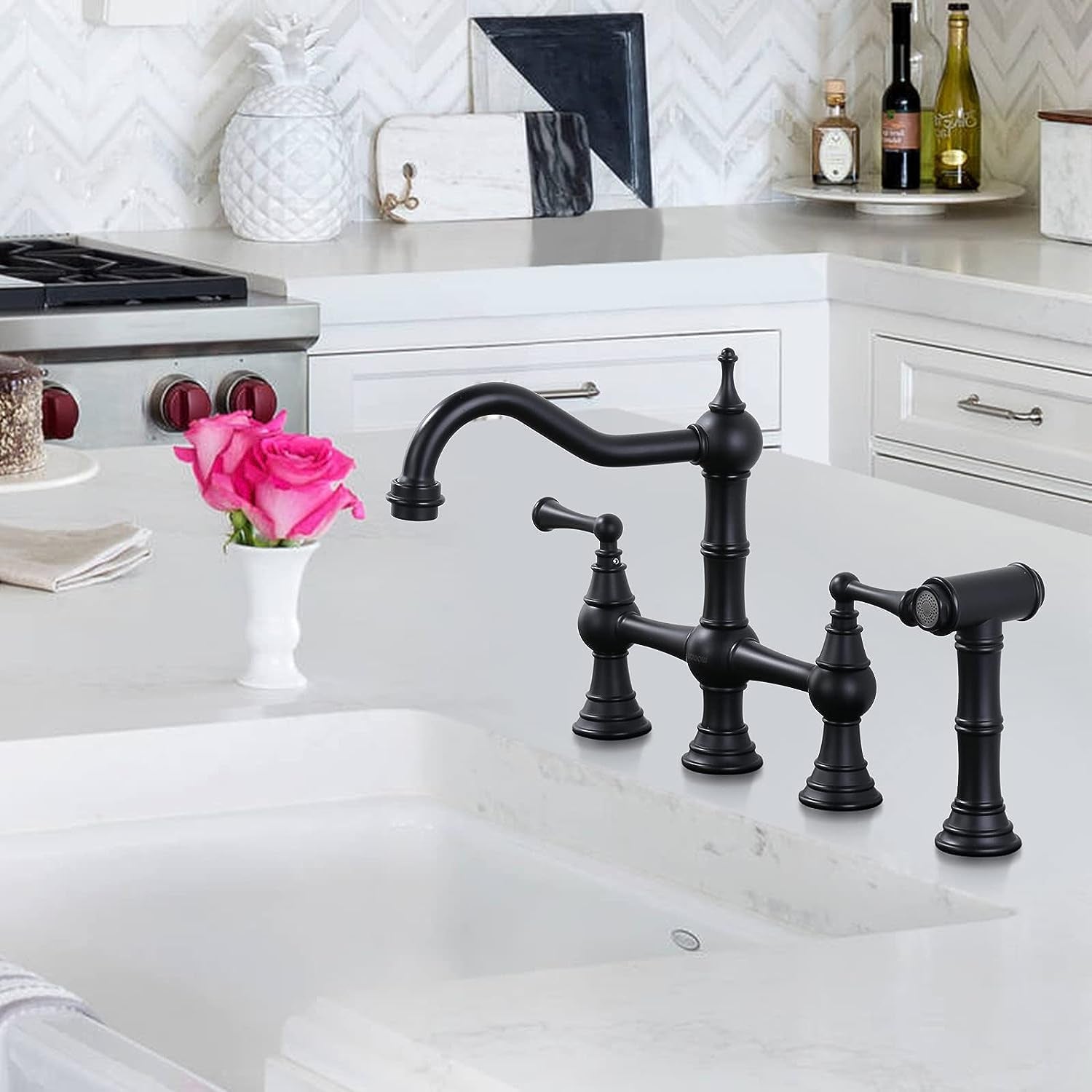 Black Kitchen Faucet with Side Sprayer, 4 Hole Brass Kitchen Faucet in Bridge style