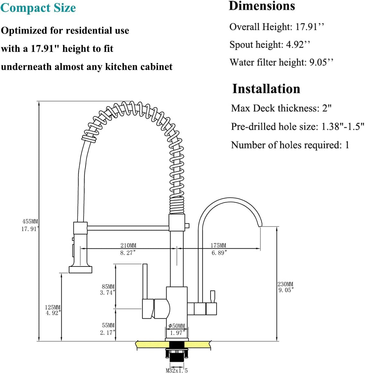 Kitchen Faucet, Commercial 3 in 1 Spring Black High Arc Single Hole Pull down Sprayer 