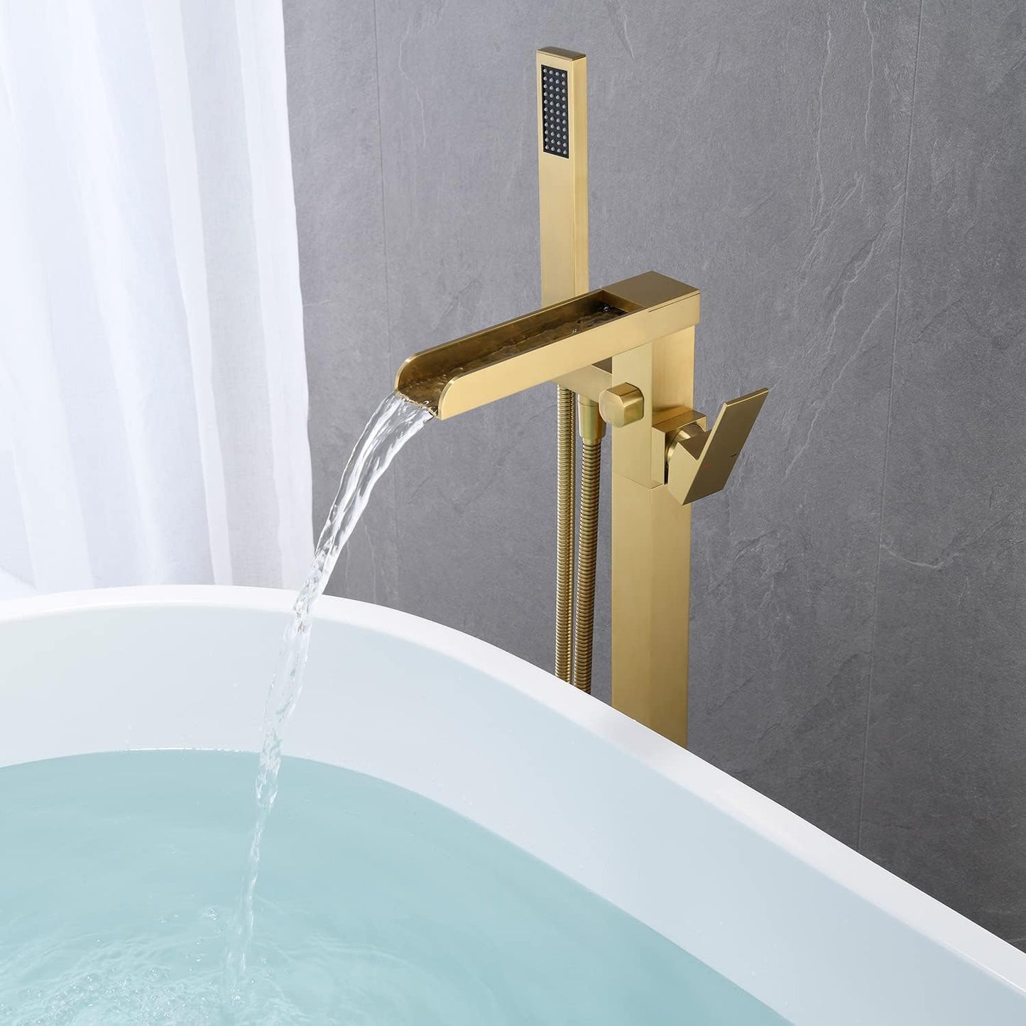 Freestanding Bathtub Faucet Brushed Gold Waterfall Tub Filler Floor Mount Brass Single Handle Bathroom Faucet with Hand Shower