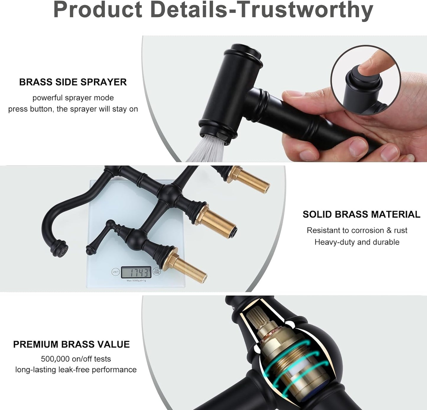 Black Kitchen Faucet with Side Sprayer, 4 Hole Brass Kitchen Faucet in Bridge style