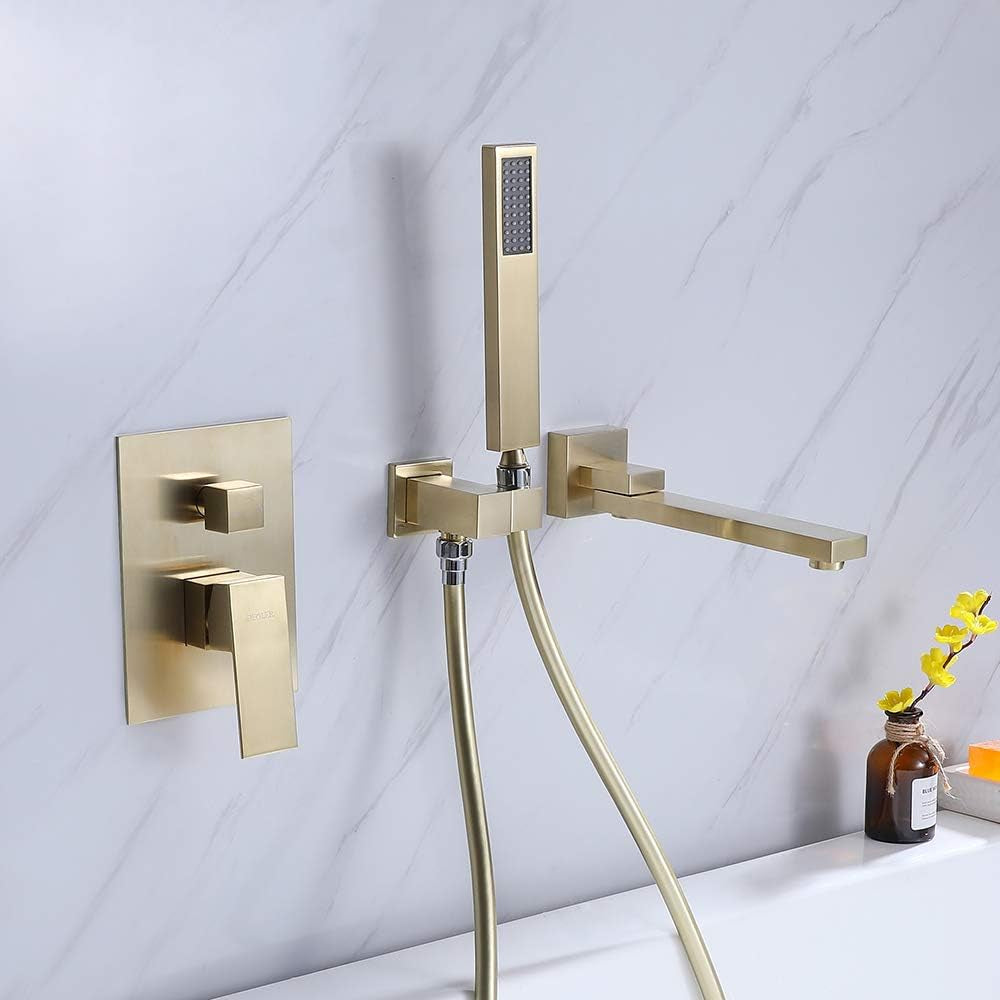 Wall Mounted Bathtub Faucet with Handheld Shower Head, Solid Brass 180° Swivel Bathroom Tub Filler Faucet with Hand Shower Head Modern Single Handle Tub Faucet Set, in Brushed Gold