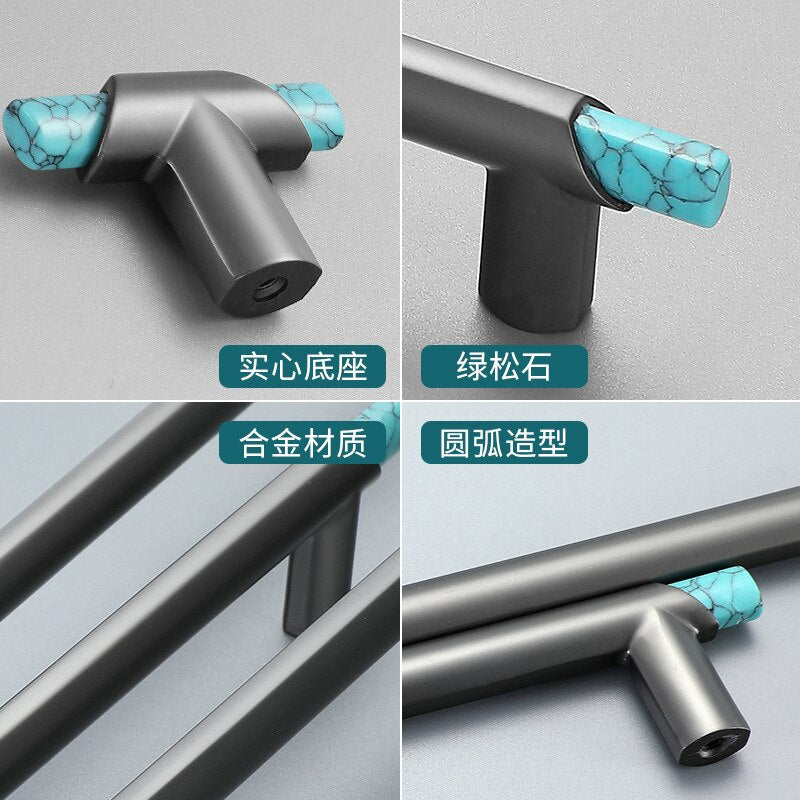 Modern Gray Alloy + Turquoise Handle Cabinet Door Handles Drawer Pulls and Knobs 