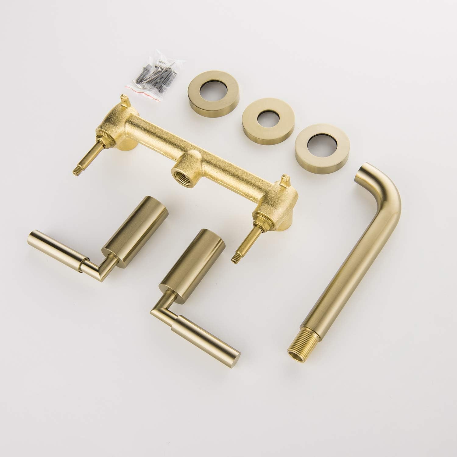 Brushed Gold Wall Mount Bathroom Faucet, Wall Mounted Sink Faucet, Dual Handle, Solid Brass, Rough-In Valve Included