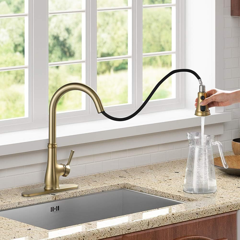 Kitchen Sink Faucet with Pull Out Sprayer, Single Handle 1 Hole Pull down Kitchen Faucet, Champagne Bronze,