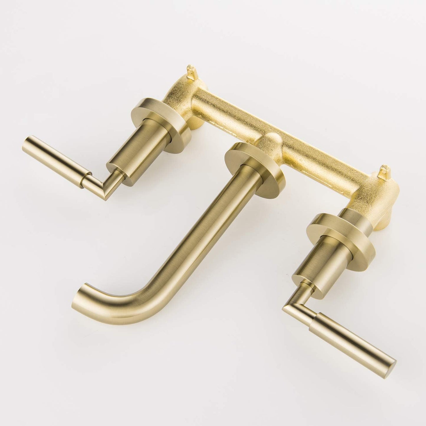 Brushed Gold Wall Mount Bathroom Faucet, Wall Mounted Sink Faucet, Dual Handle, Solid Brass, Rough-In Valve Included