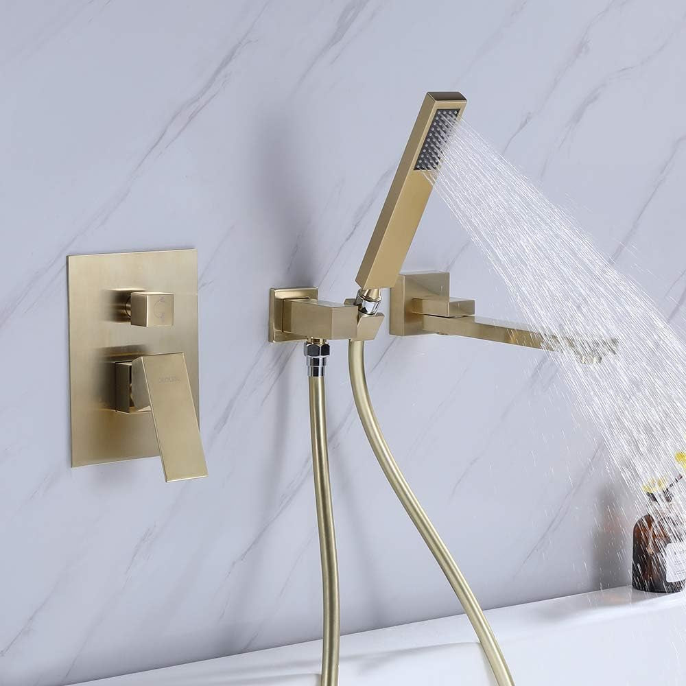 Wall Mounted Bathtub Faucet with Handheld Shower Head, Solid Brass 180° Swivel Bathroom Tub Filler Faucet with Hand Shower Head Modern Single Handle Tub Faucet Set, in Brushed Gold