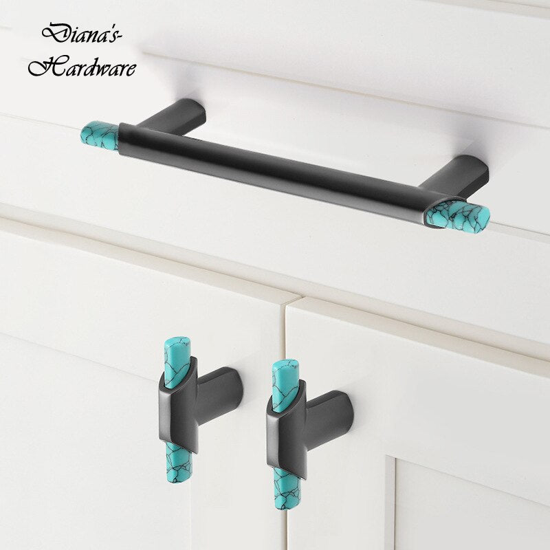 Modern Gray Alloy + Turquoise Handle Cabinet Door Handles Drawer Pulls and Knobs 