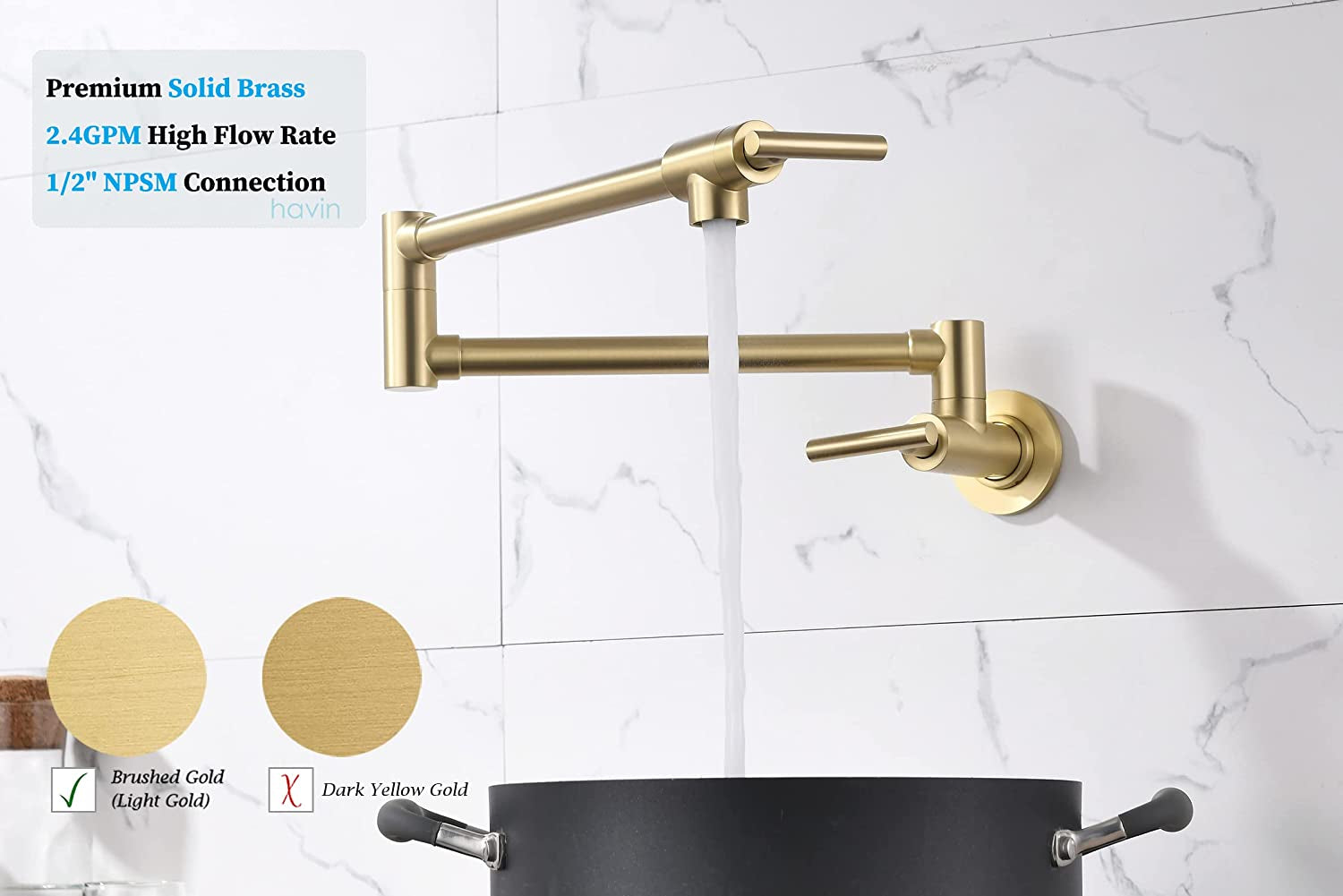 Solid Brass Pot Filler, Wall Mount Commercial Pot Filler Faucet in Brushed Gold