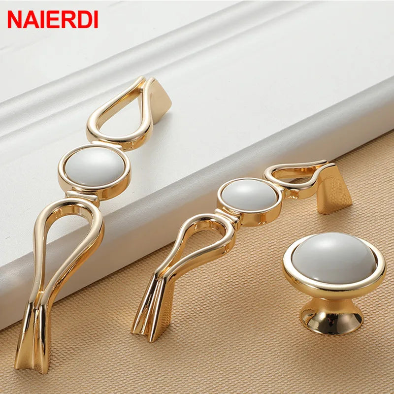 Ceramic Handles/Cabinet Pulls Gold White Zinc Alloy Drawer Pulls