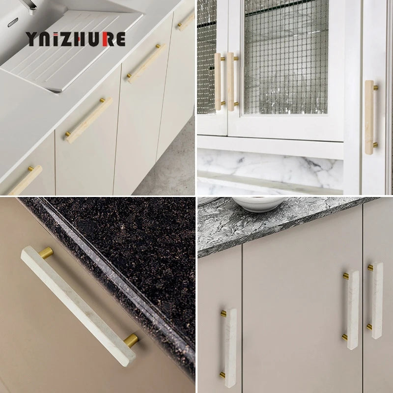 Marble Pulls/Knobs/Handles Kitchen Cabinet/Cupboard W/ Gold accents.